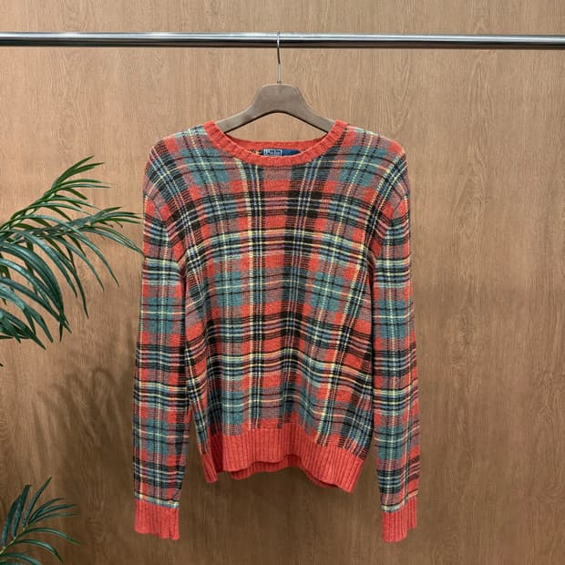 폴로 랄프 로렌 타탄체크 니트 스웨터 패치 포인트 레귤러핏 멀티