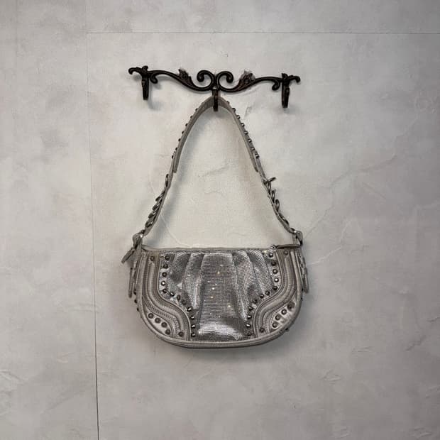 Silver satin cubic stud biker 숄더백