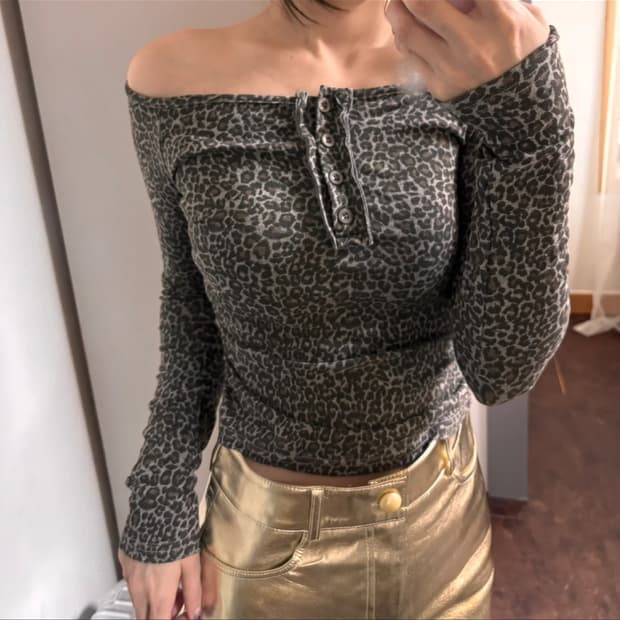 Y2K 호피 갸루 오프숄더 롱슬리브