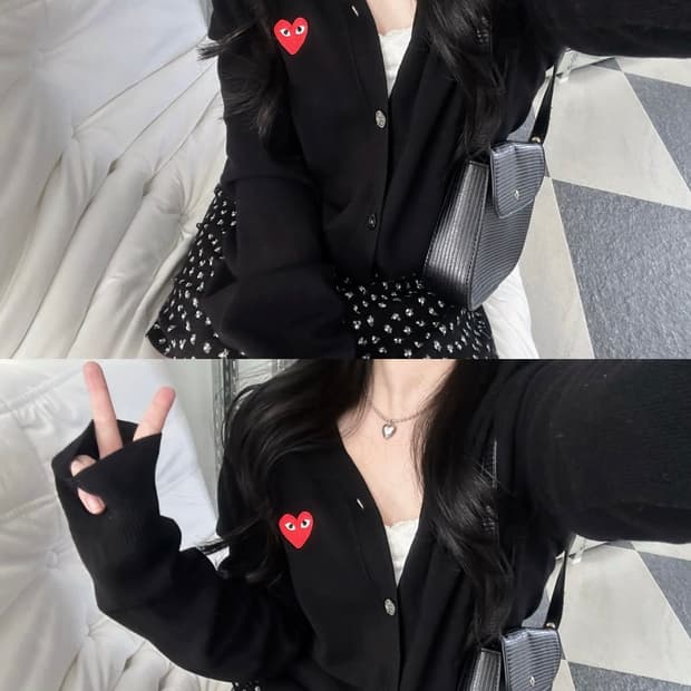 꼼데가르송 레드와펜 블랙 울 V넥 가디건 