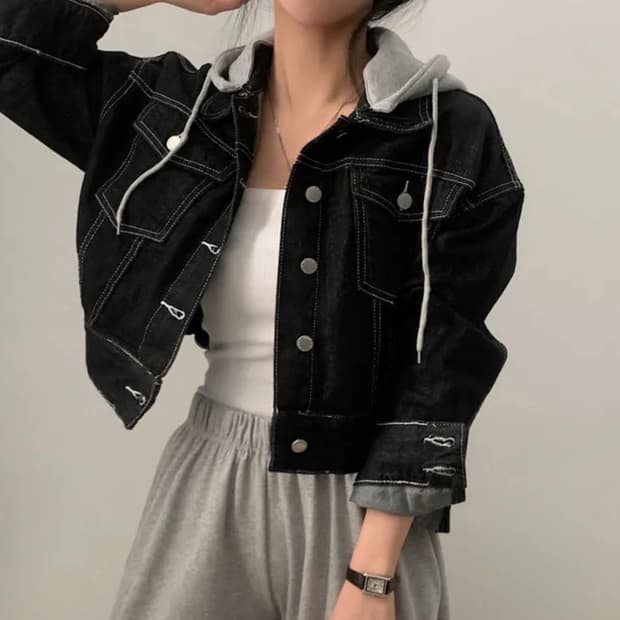 크롭 후드 청자켓 블랙 FREE