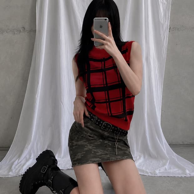 레드 블랙 체크 티셔츠