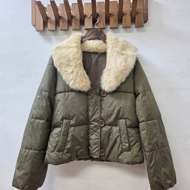 일본빈티지 카키 퍼 카라 숏패딩