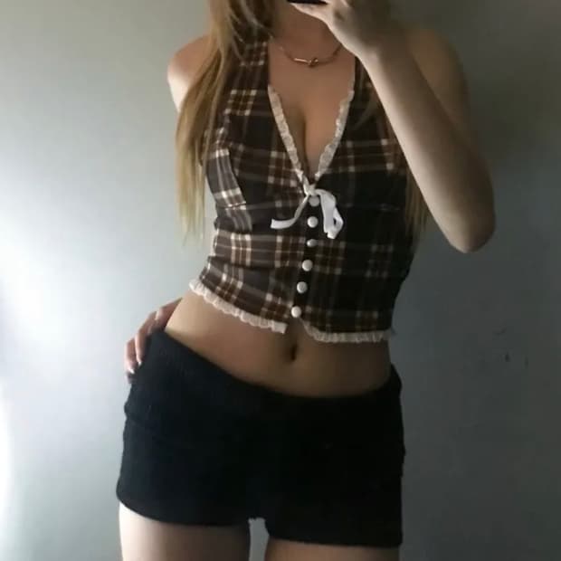 빈티지 웨스턴 카우걸 홀터넥 체크 베스트