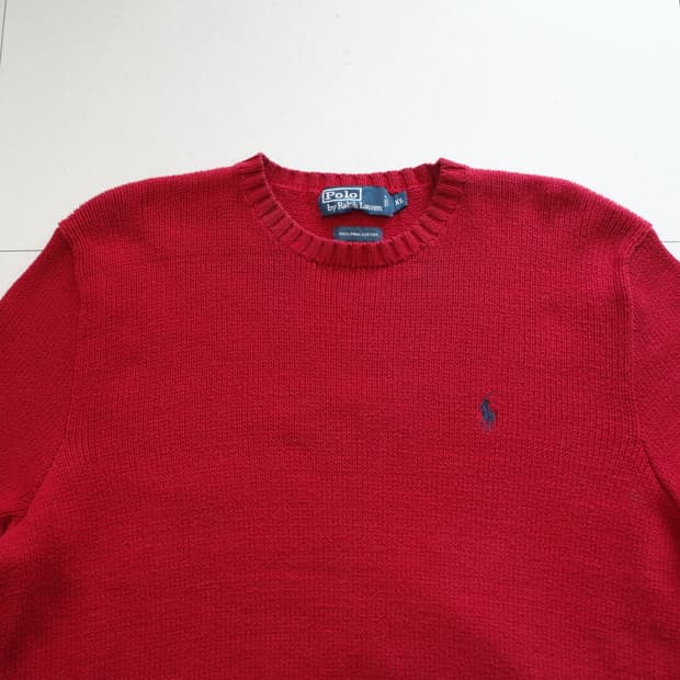 90s [XL] 폴로 랄프로렌 레드 피마코튼 크루넥 니트