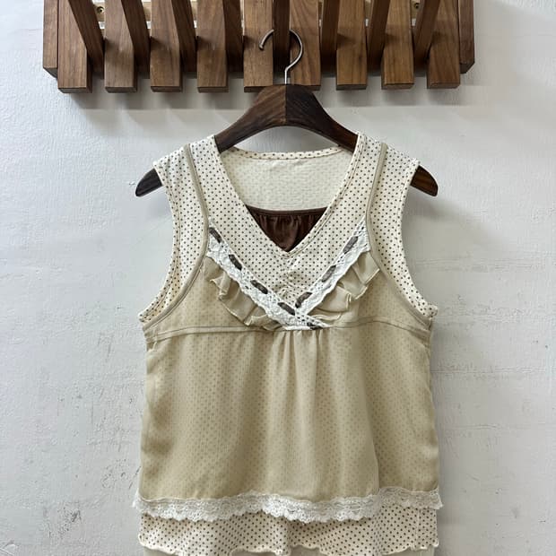 일본빈티지 도트 레이스 레이어드 프릴 페어리 슬리브리스 탑
