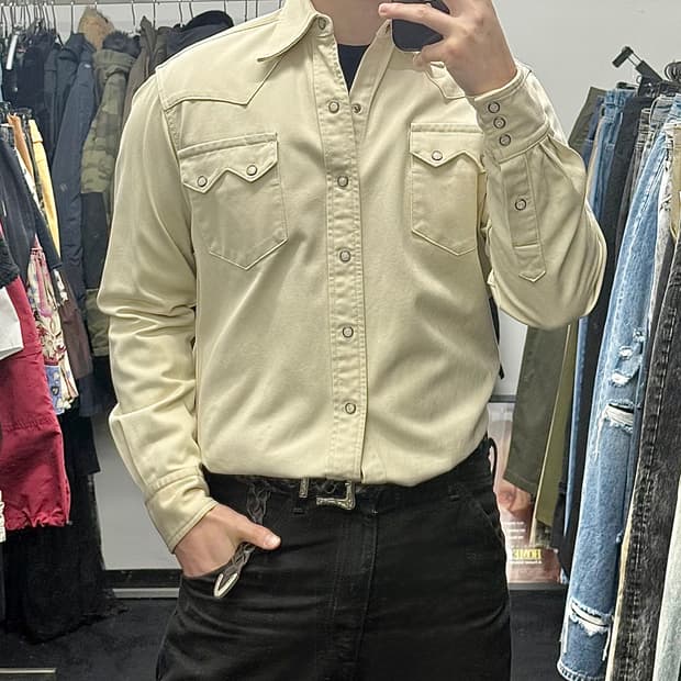 데님 클래식 웨어 코튼 웨스턴 워크셔츠 자개 단추 베이지 빈티지 아메카지