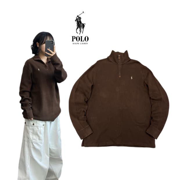 폴로 포니 브라운 아노락 반집업 니트 