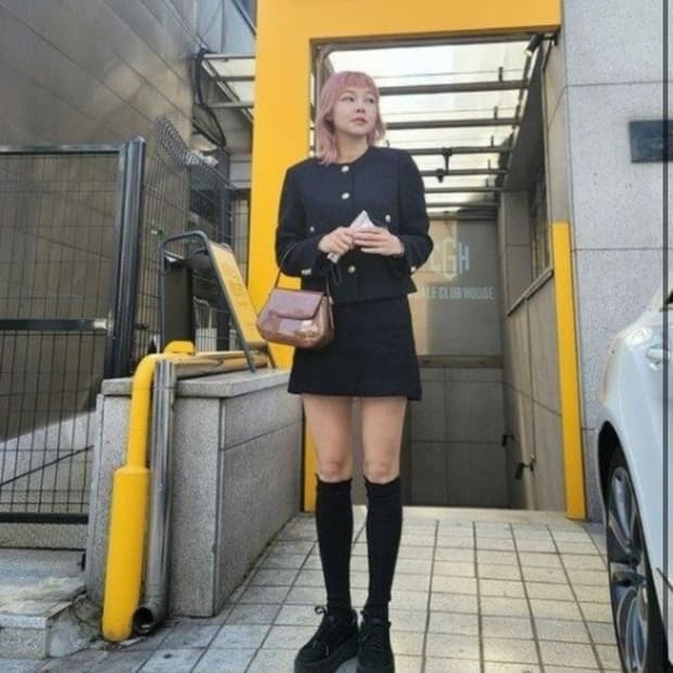 송해나 룩캐스트 울 셋업 하객룩 트위드 스커트 원피스 블랙셋업 세트