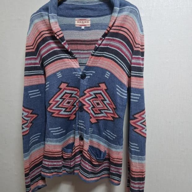 일본빈티지 빔즈 남성 에스닉패턴 린넨니트가디건 남성90S