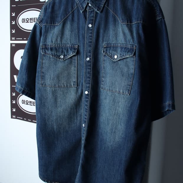 (L-XL) 디미트리블랙 반팔 카라 티셔츠 셔츠 남방 데님-H35614