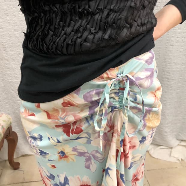 Mint floral string satin skirt
