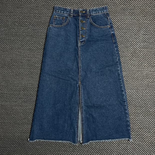 빈티지 버튼 디테일 워싱 데님 절개 미디 스커트o 5394