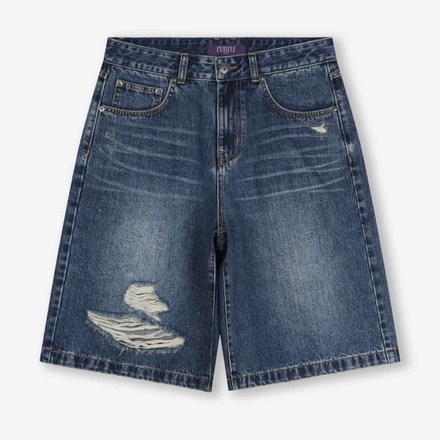 비슬로우 DISTRESSED WIDE DENIM SHORTS BLUE