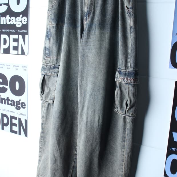 (L-XL) 스컬프터 청바지 데님 카고 워싱 연청 스트링-P10636