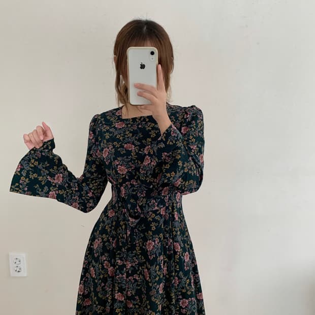빈티지 그린 플라워 패턴 원피스