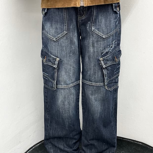 데님 카모 포켓 카고 팬츠