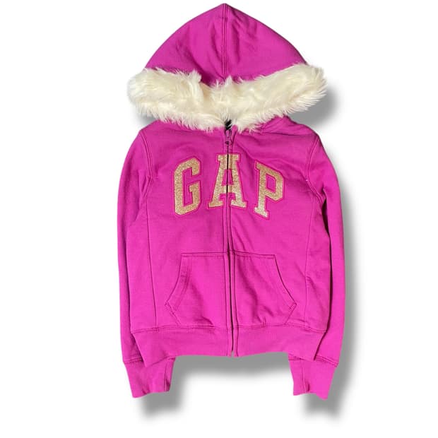 갭 키즈 핑크 골드 로고 퍼 후드 집업 S