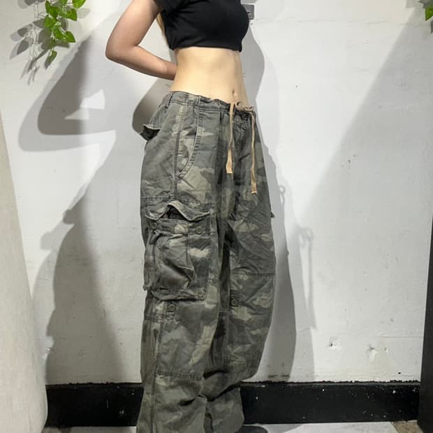 일본 빈티지 카키 카모 와이드 카고 팬츠 XL