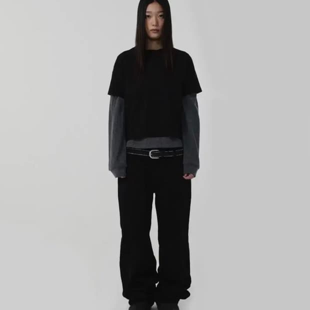 (M, 택O) 스웨이드 suade 기명 세미 와이드 팬츠 블랙