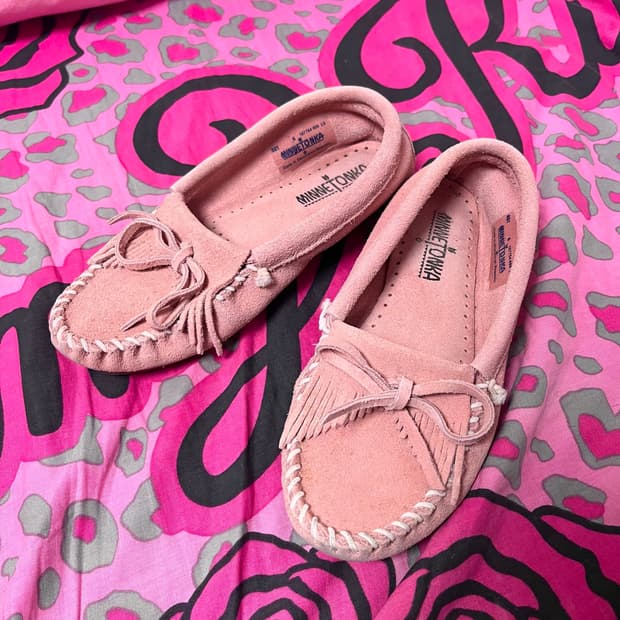 [ 나눔 ] 미네통카 히메 라떼갸루 흰핑 샌드핑크 리본 모카신 단화 슈즈