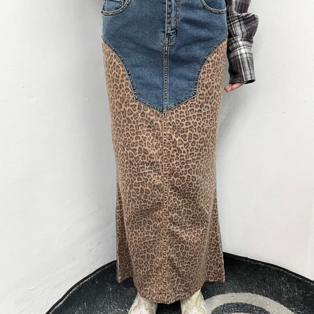 y2k 레오파드 스터드 롱 스커트