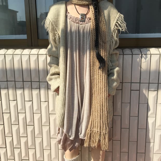 Fringe point hood open knit cardigan