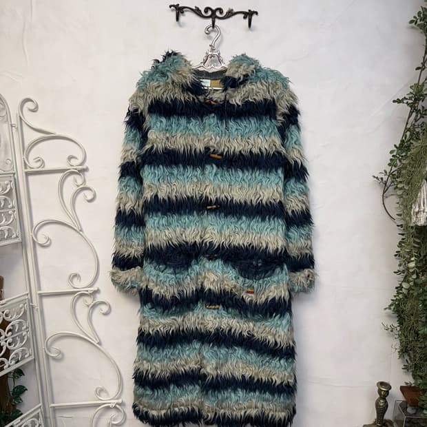 Oilily blue stripe grunge fur duffle 코트