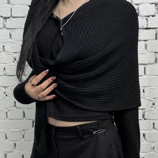 드레이프 니트 스카프 레이어드 언발란스 가디건