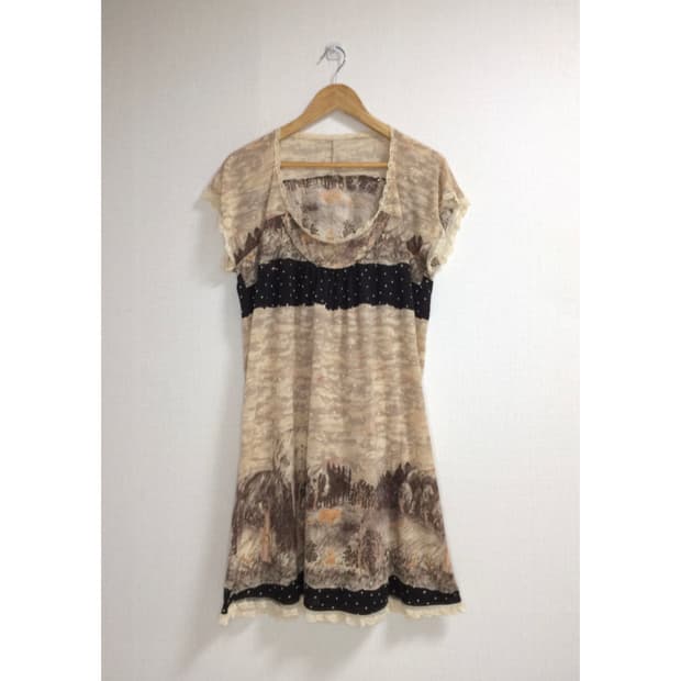 빈티지 베이지 레이스 도트 무늬 원피스 튜닉