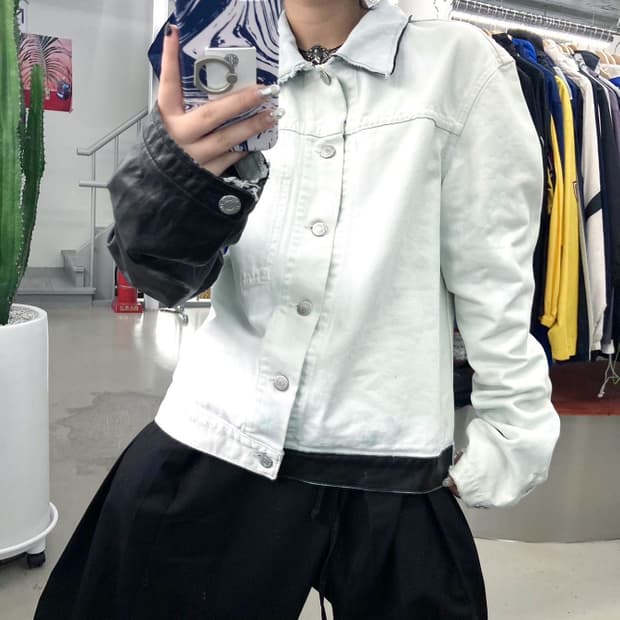 헬무트 랭 03S/S 브로큰 데님 레더 슬리브 자켓