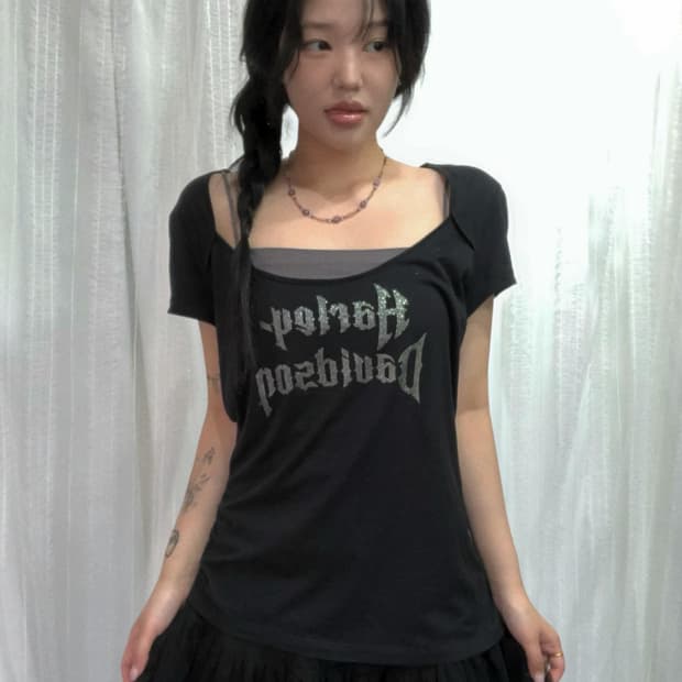 할리데이비슨 블랙 큐빅 볼레로 퍼프 스트랩 탑