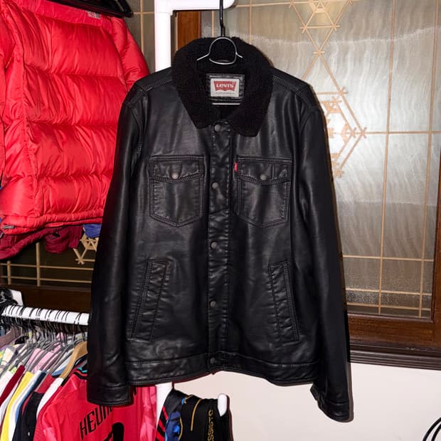 리바이스 쉐르파 블랙 레더 트러커 자켓