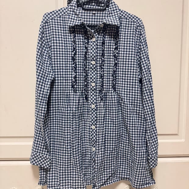 빈티지 모리걸 하구미 깅엄 체크 프릴 긴팔 블라우스