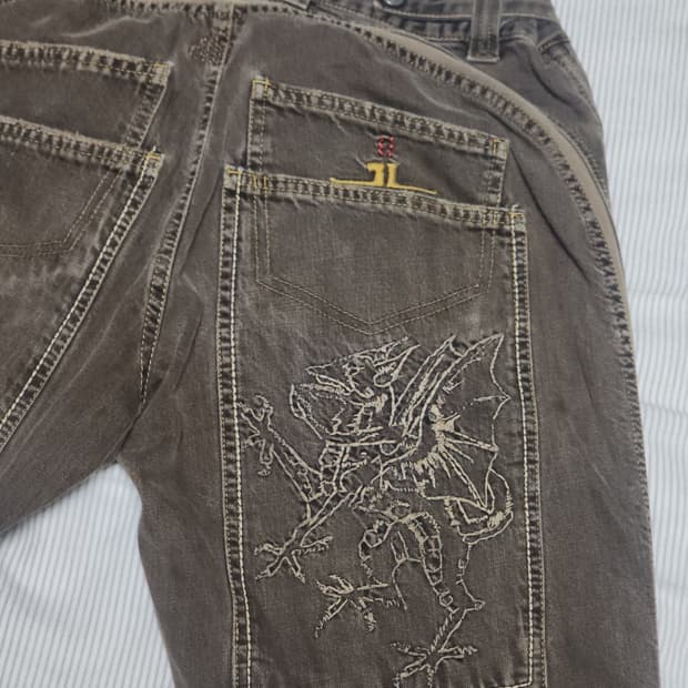 brown dragon embroidery denim