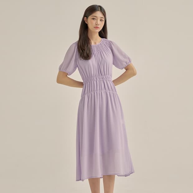 Roem 로엠)퍼플 라벤더 쉬폰 페미닌 스모킹 디테일 롱원피스