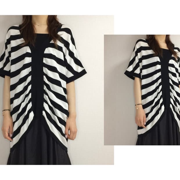 빈티지 블랙 화이트 스트라이프 셔링 박시 니트 튜닉