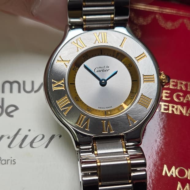 레어] 빈티지 까르띠에 머스트드 21C 콤비 남녀공용 31mm 블루핸즈 