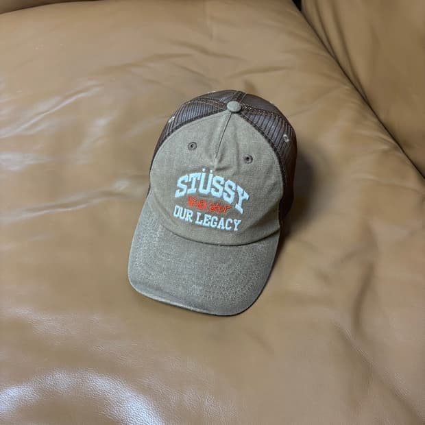 Stussy 스투시x아워레가시 스톤워시드 올리브 6패널 메쉬 볼캡 모자