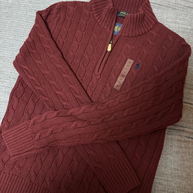새상품 정품 폴로 버건디 케이블 니트 쿼터집업 반집업