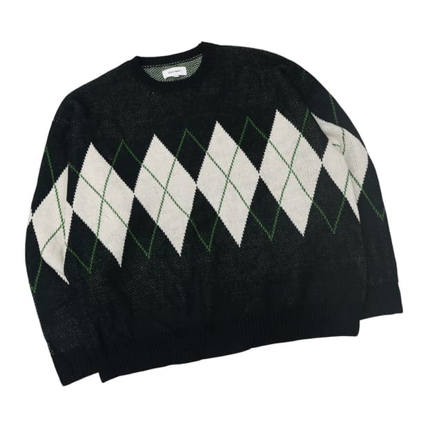 모노마트 블랙 아가일 체크 패턴 오버핏 라운드 니트 (L)