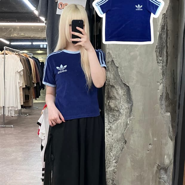 아디다스 자수 로고 크롭 반팔 티셔츠 네이비 XS #csz3985