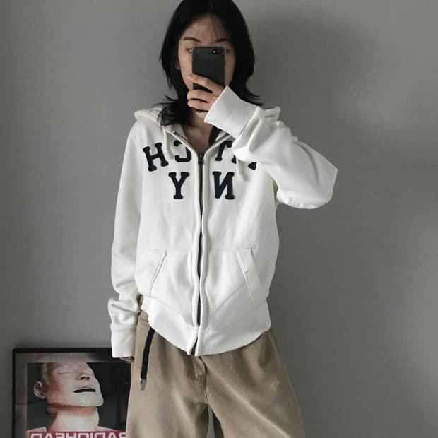 아베크롬비 자수로고 화이트 헤비코튼 후드집업