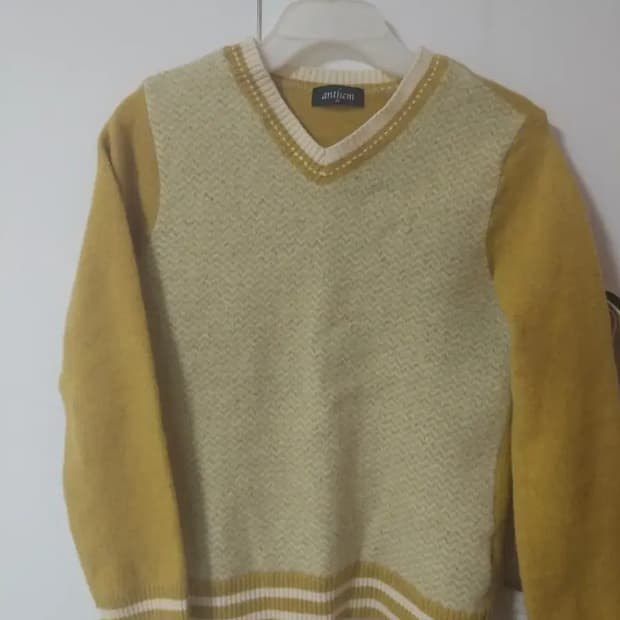 브이넥 헤링본 배색 봄가을 니트 머스터드 노랑 90