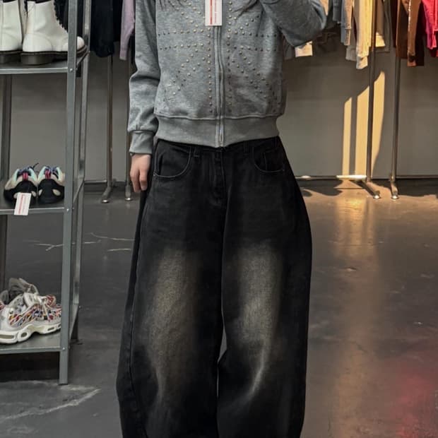 빈티지 금장 포인트 y2k 그레이 퍼 후드집업 ( 퍼 탈부착 가능) A3