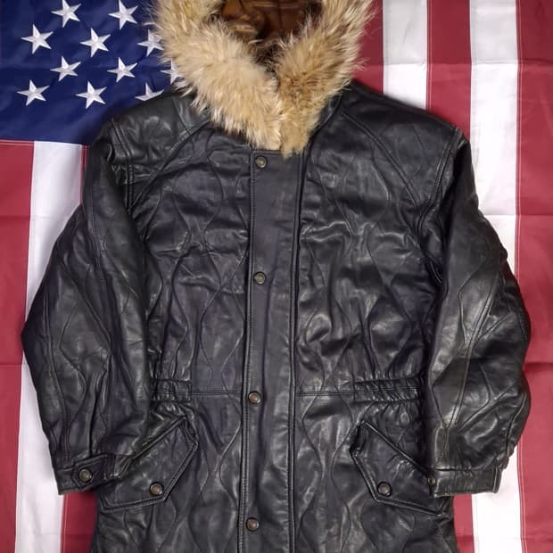 90's 일본판 빈티지 리얼레더 후드퍼 파카