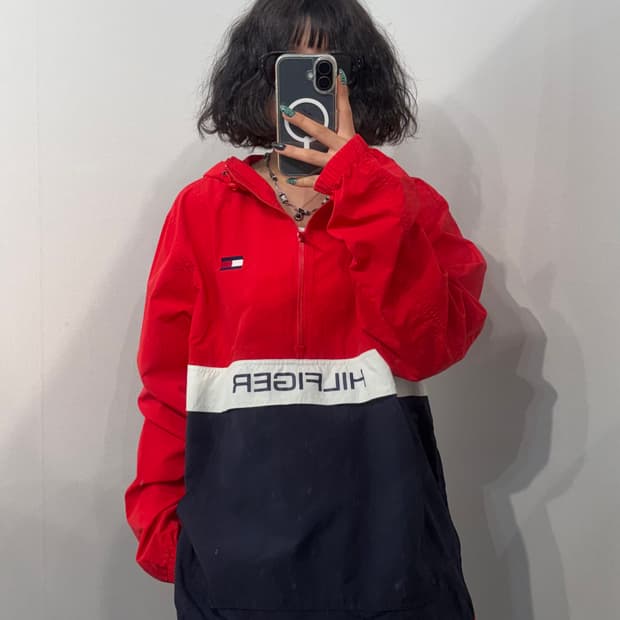 L 타미힐피거 컬러블록 아노락 바람막이 레드