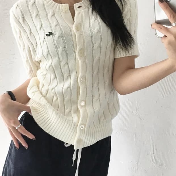 Lacoste 라코스테 코튼 아이보리컬러 케이블 반팔 가디건