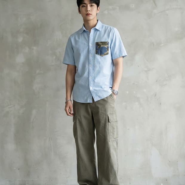 칼하트 WIP 프리터 카모 포켓 반팔 셔츠 스카이블루