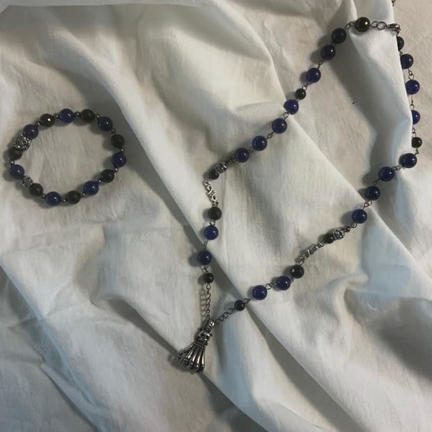 (수공예) 스컬 해골 목걸이 블루 팔찌 세트